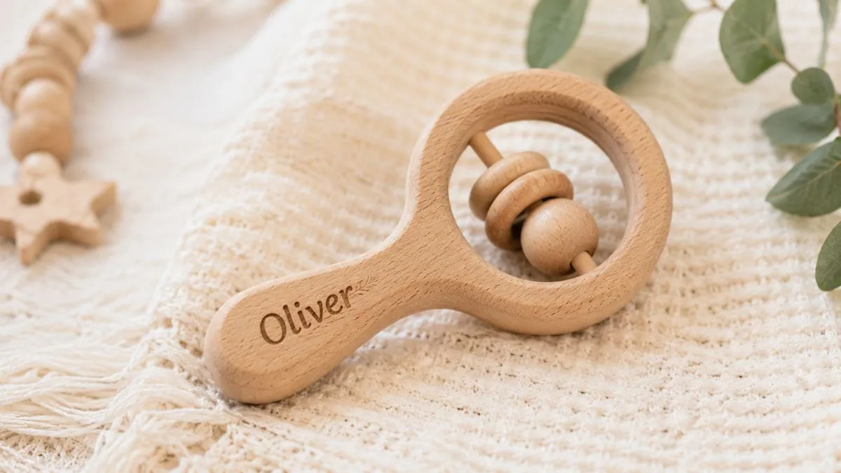 Personalized Wooden Baby Rattle & Teether: A Timeless Montessori Gift for Your Little One